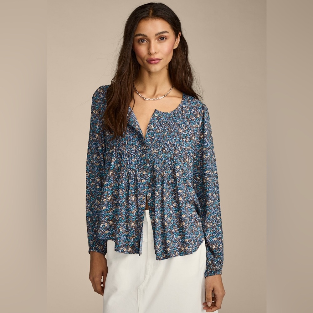LUCKY BRAND | Blue Calico Floral Prairie Boho Peasant Pintuck Top | Medium